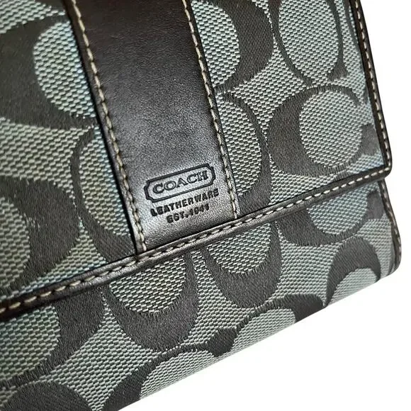 Coach Signature Gray Monogram Jacquard Brown Leather Trim Trifold Wallet Y2K - Picture 9 of 12